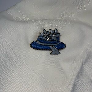 Floral Hat Brooch Pin Blue Enamel Clear Rhinestones Silver Tone 1 7/8”
